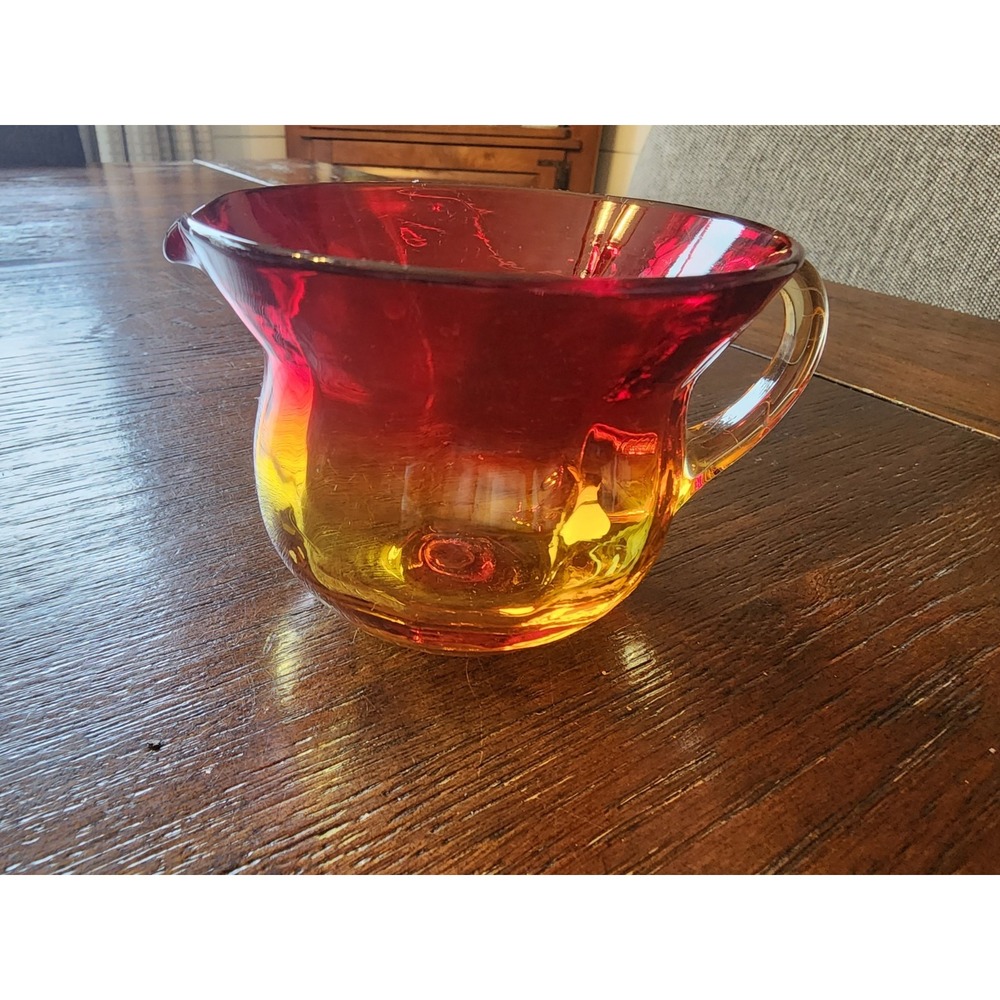 Vintage ArtGlass Amberina Hand Blown Glass Mini Pitcher Red Yellow Ombre MCM